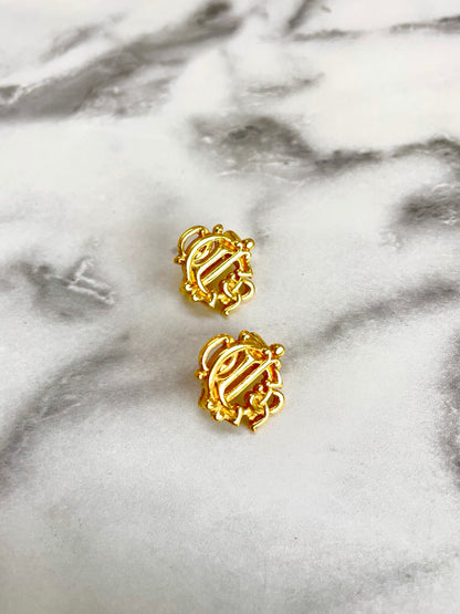 Christian Dior Emblem logo Earrings Gold Vintage Old Celine 64hjx3