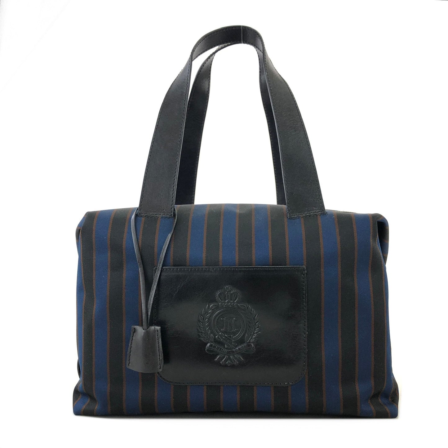 CELINE Blason Emblem Stripes Fabric Boston bag Blue Vintage Old Celine v27ech