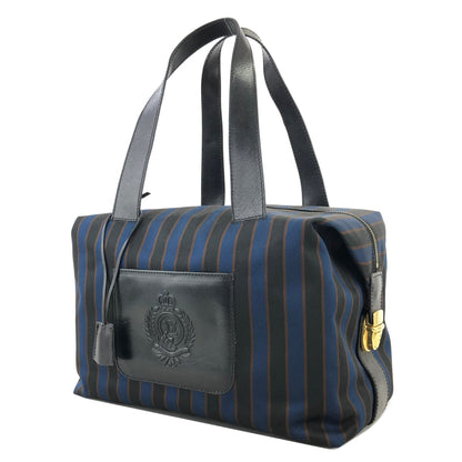 CELINE Blason Emblem Stripes Fabric Boston bag Blue Vintage Old Celine v27ech