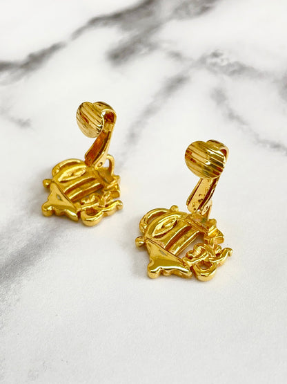 Christian Dior Emblem logo Earrings Gold Vintage Old Celine 64hjx3