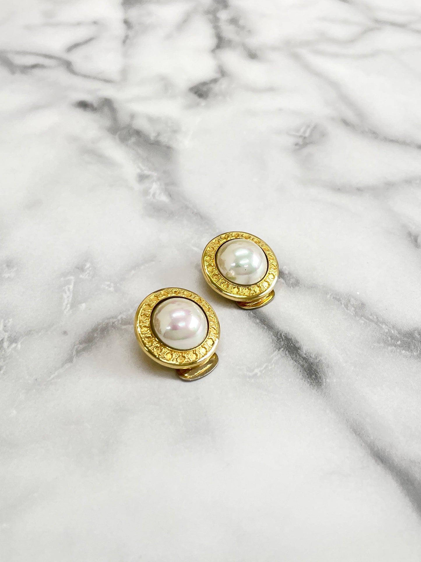 CELINE Pearl Logo Circle Earrings Gold Vintage Old Celine x6e23f