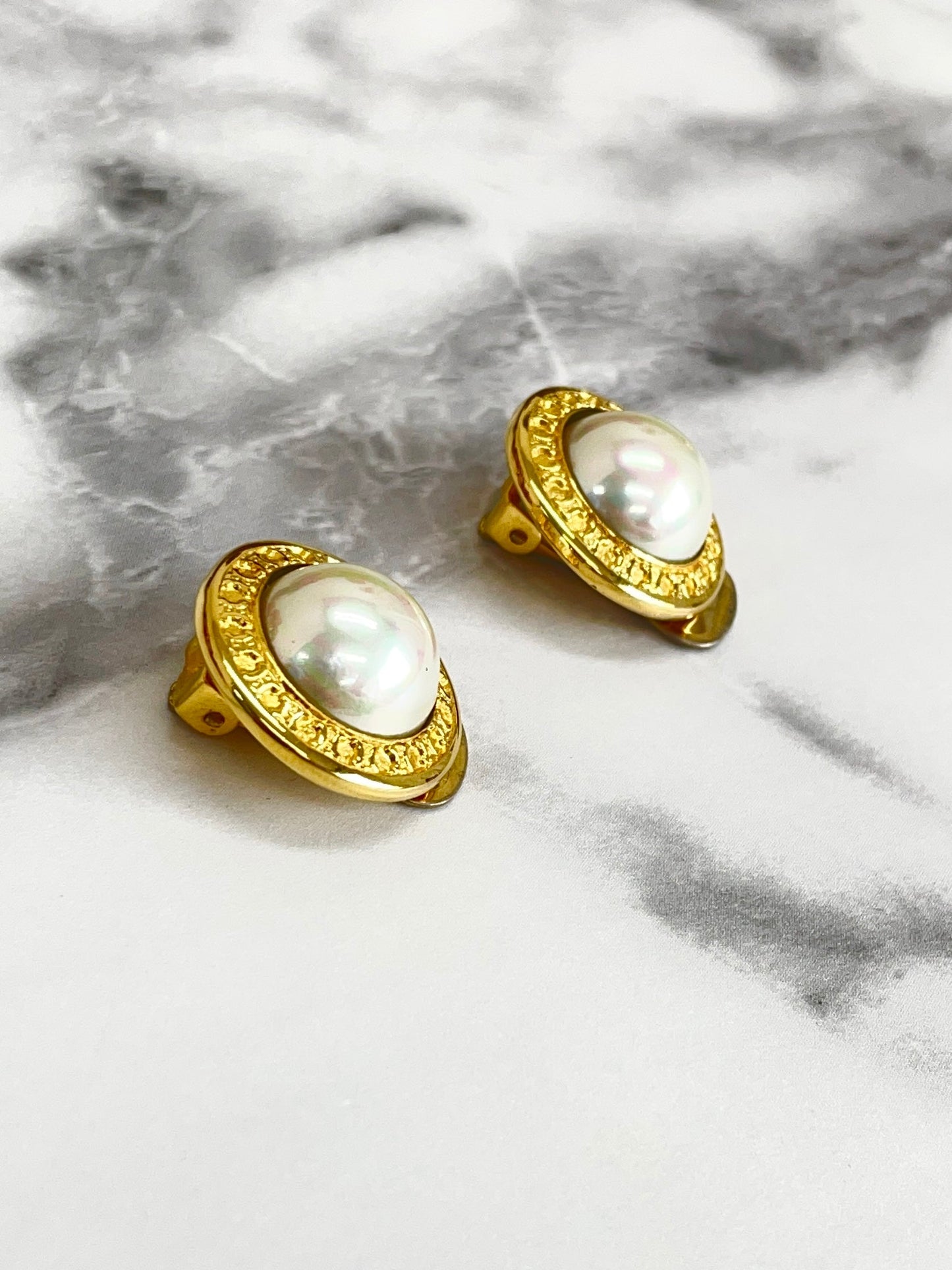 CELINE Pearl Logo Circle Earrings Gold Vintage Old Celine x6e23f