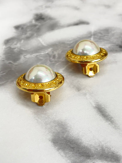 CELINE Pearl Logo Circle Earrings Gold Vintage Old Celine x6e23f