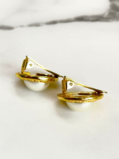 CELINE Pearl Logo Circle Earrings Gold Vintage Old Celine x6e23f