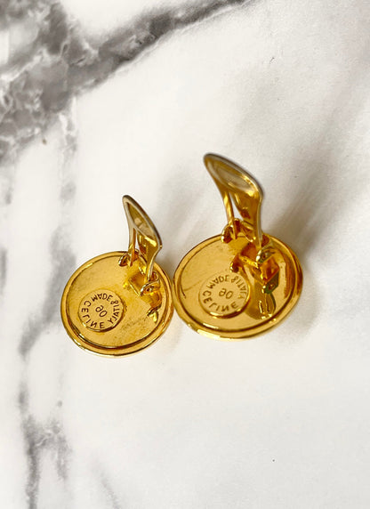 CELINE Pearl Logo Circle Earrings Gold Vintage Old Celine x6e23f