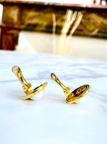 CELINE Pearl Logo Circle Earrings Gold Vintage Old Celine x6e23f