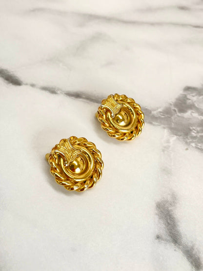 CELINE Triomphe Circle Earrings Gold Vintage Old Celine k2ckpg