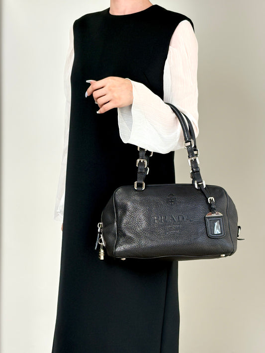 PRADA Logo Embossed Small Boston bag Handbag Black Vintage ydeszs