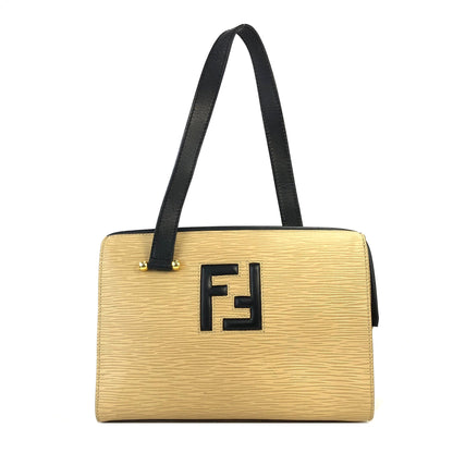 FENDI Logo Embossed Leather One Handle Handbag Beige Vintage Old 8dd845