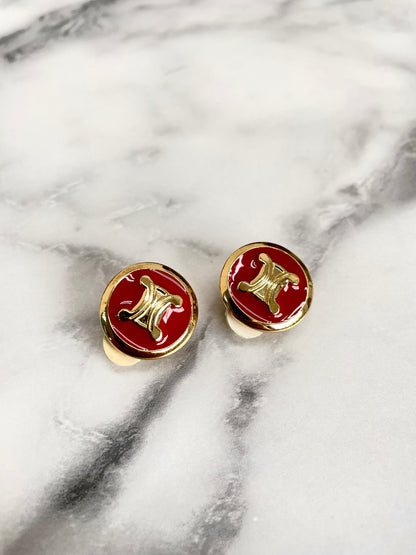 CELINE Triomphe Earrings Gold Red Round Vintage Old Celine c8385n