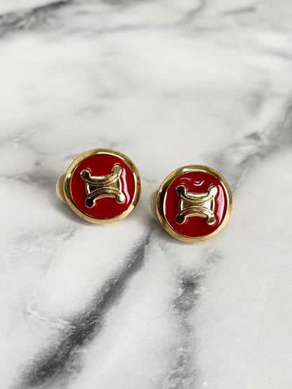 CELINE Triomphe Earrings Gold Red Round Vintage Old Celine c8385n