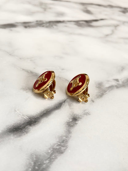 CELINE Triomphe Earrings Gold Red Round Vintage Old Celine c8385n