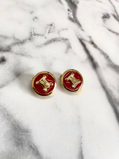 CELINE Triomphe Earrings Gold Red Round Vintage Old Celine c8385n