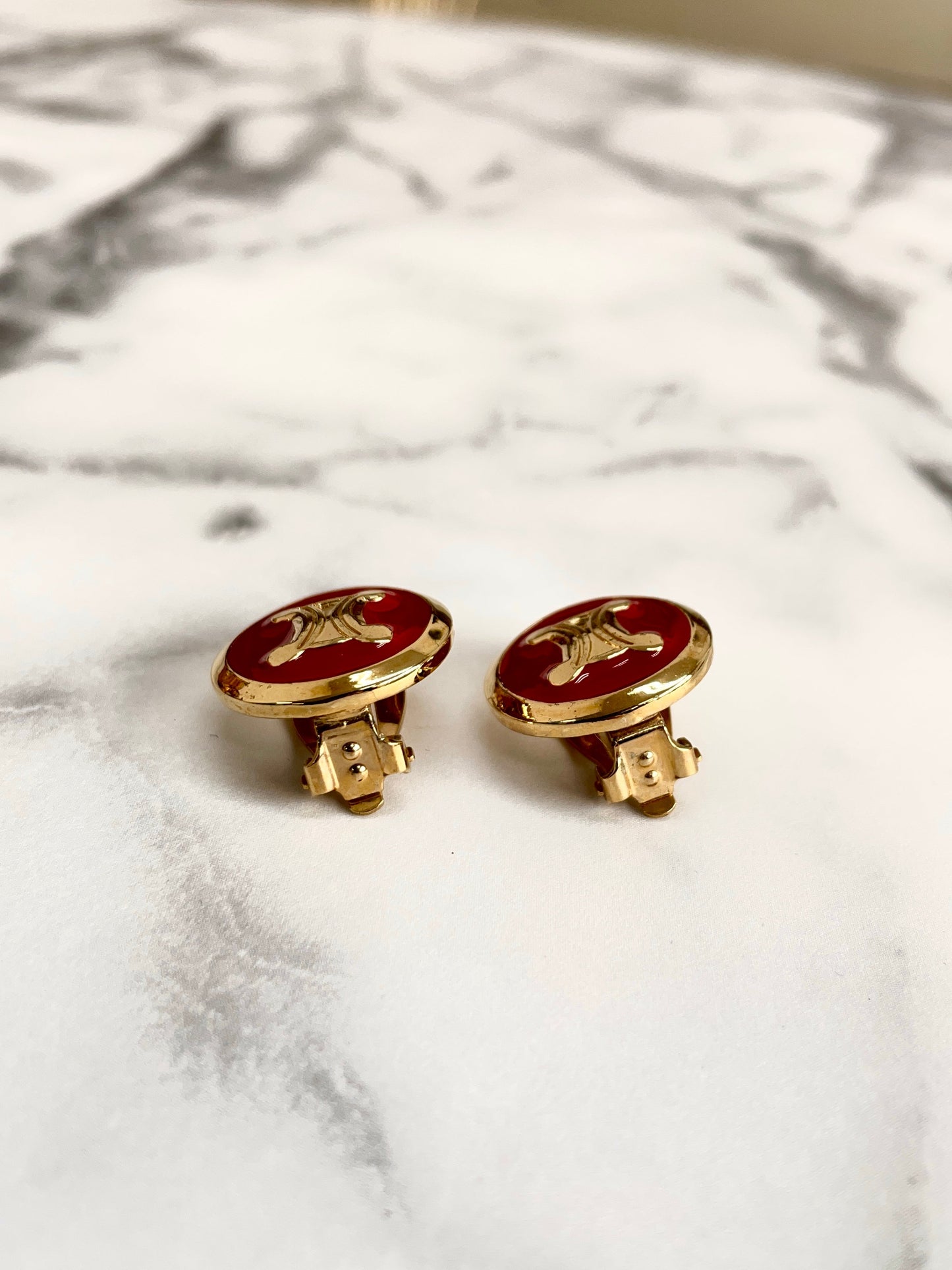 CELINE Triomphe Earrings Gold Red Round Vintage Old Celine c8385n