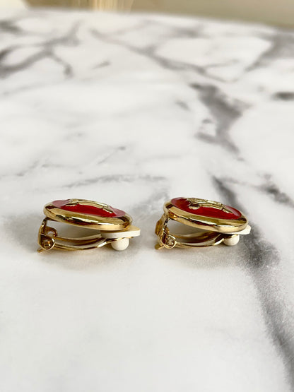 CELINE Triomphe Earrings Gold Red Round Vintage Old Celine c8385n