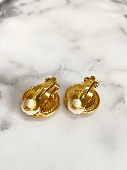 CELINE Triomphe Earrings Gold Red Round Vintage Old Celine c8385n
