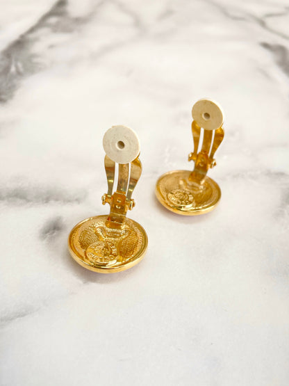 CELINE Triomphe Earrings Gold Red Round Vintage Old Celine c8385n
