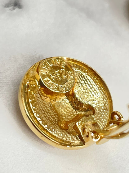 CELINE Triomphe Earrings Gold Red Round Vintage Old Celine c8385n