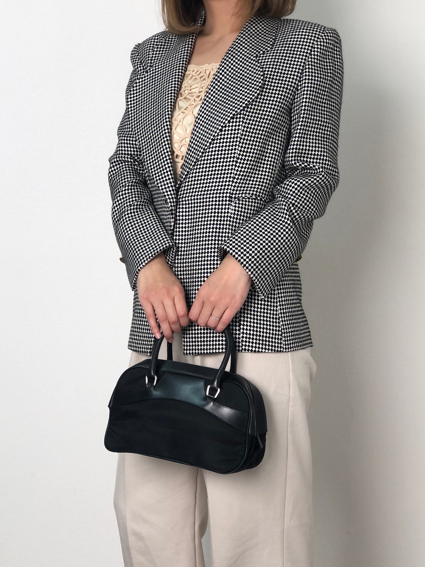 PRADA Tessuto Triangle Logo Small Boston bag Handbag Black Vintage ezhmex