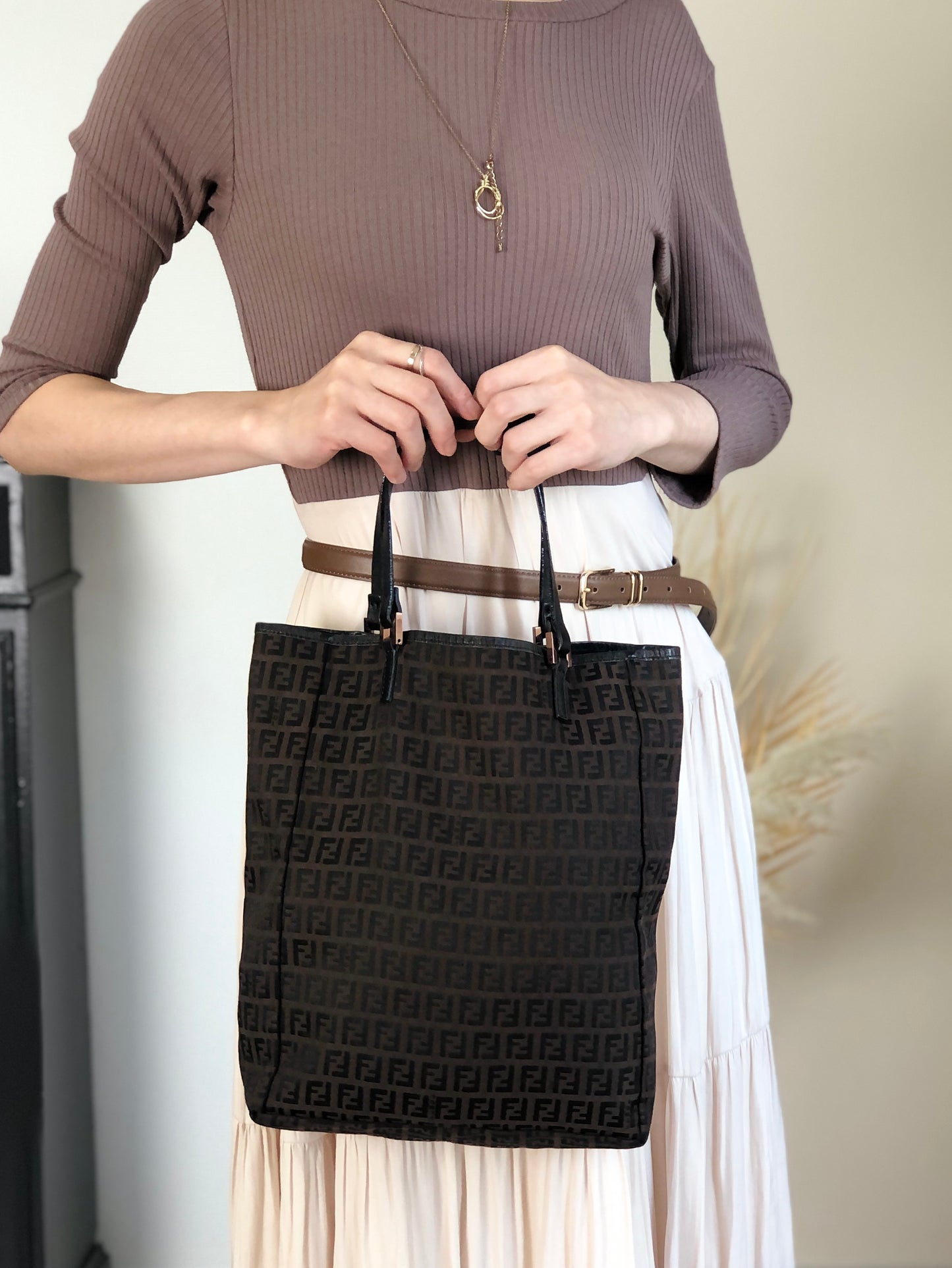FENDI Zucchino Handbag Totebag Brown Vintage 6duur4