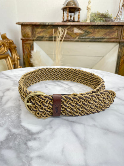 Yves Saint Laurent Mesh Brand Logo Leather Belt Brown vintage old htyee4