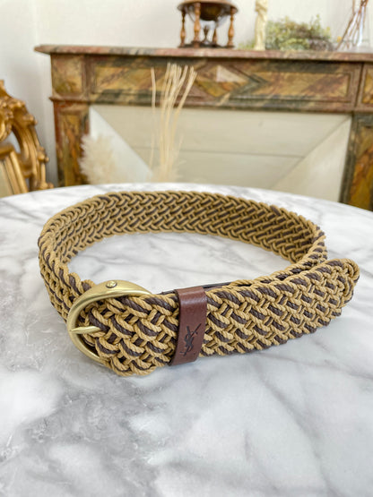 Yves Saint Laurent Mesh Brand Logo Leather Belt Brown vintage old htyee4