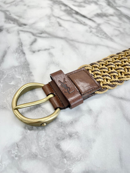 Yves Saint Laurent Mesh Brand Logo Leather Belt Brown vintage old htyee4