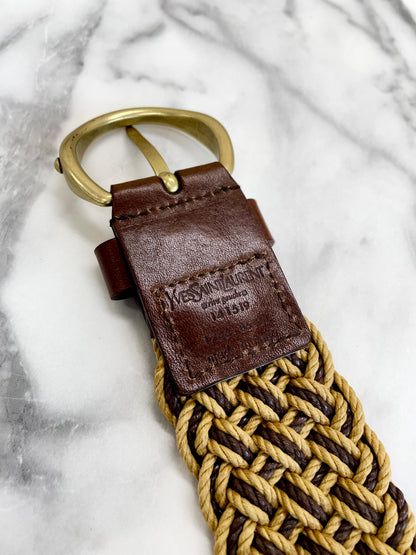 Yves Saint Laurent Mesh Brand Logo Leather Belt Brown vintage old htyee4