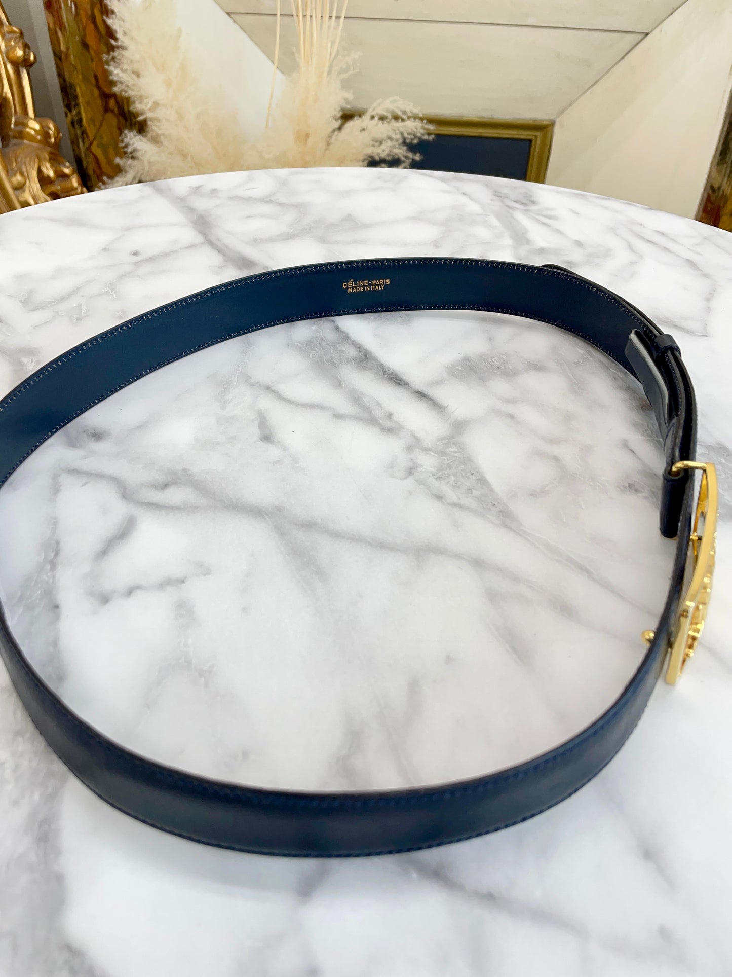 CELINE Horse carriage Belt gold Navy Vintage Old Celine 7vahtn