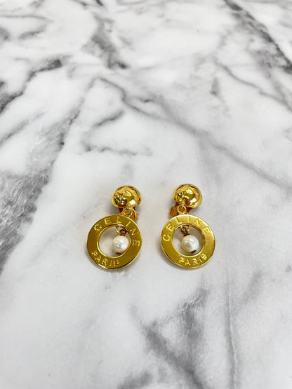 CELINE Logo Circle Earrings Gold vintage old ppx74p