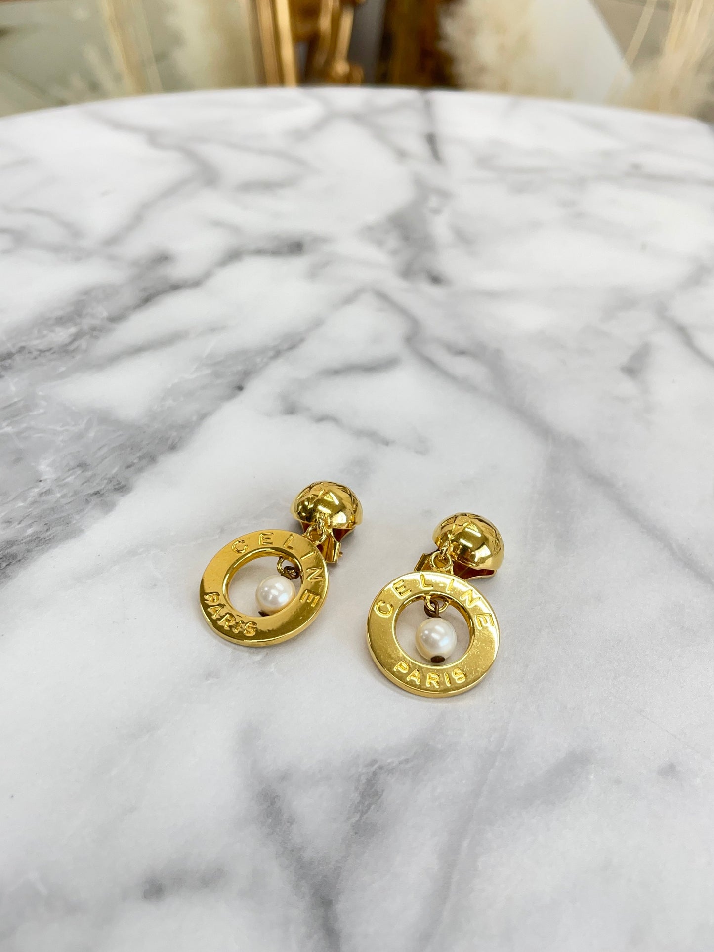 CELINE Logo Circle Earrings Gold vintage old ppx74p