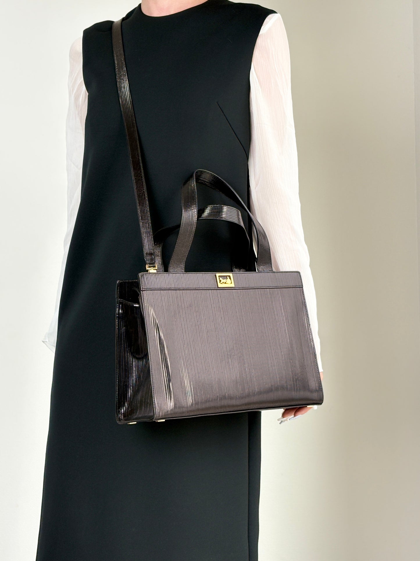 CELINE Horse Carriage Two-way Handbag Shoulder bag Black Vintage 3v3pu8