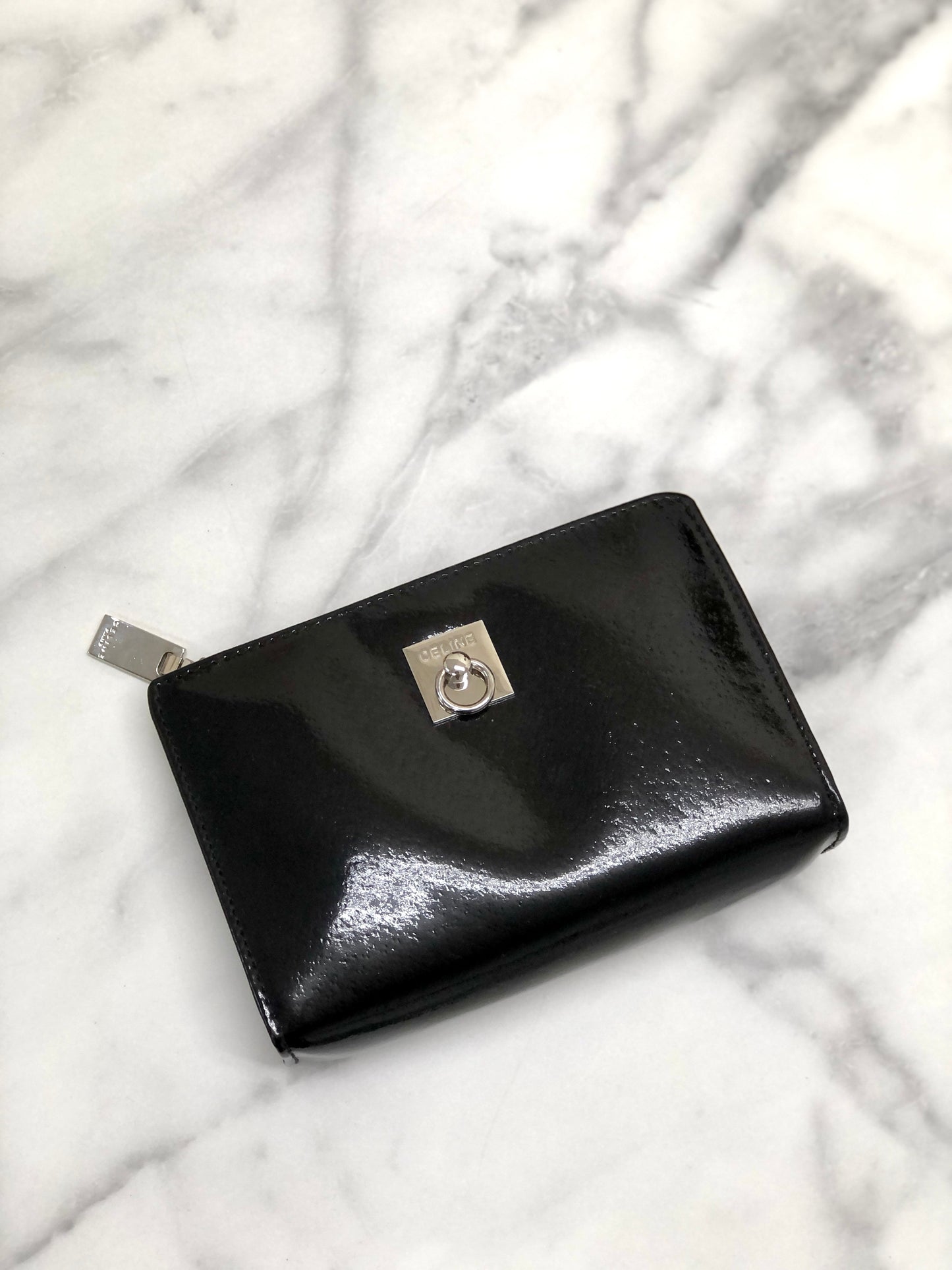 CELINE Gancini Pouch Patent leather Black Vintage Old CELINE j5uird