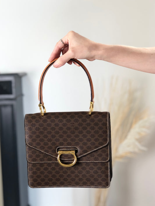 CELINE Macadam Horse Bit Double Flap Handbag Brown Vintage 8byndv