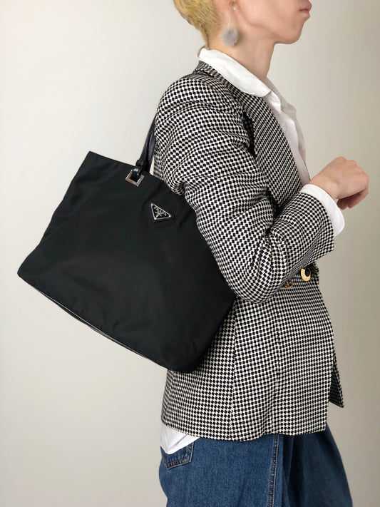 PRADA Tessuto Triangle Logo Totebag Handbag Black Vintage ifsugc