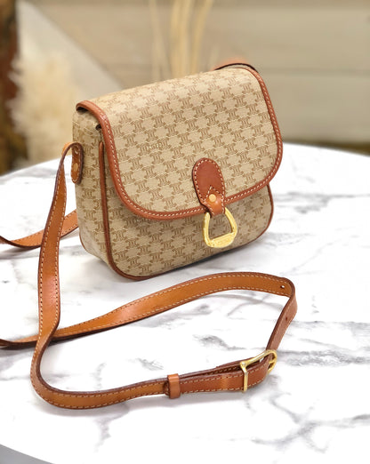 CELINE Macadam Horse bit Small Shoulder Bag Beige Vintage Old Celine t46eb4
