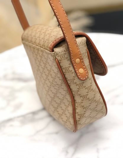 CELINE Macadam Horse bit Small Shoulder Bag Beige Vintage Old Celine t46eb4