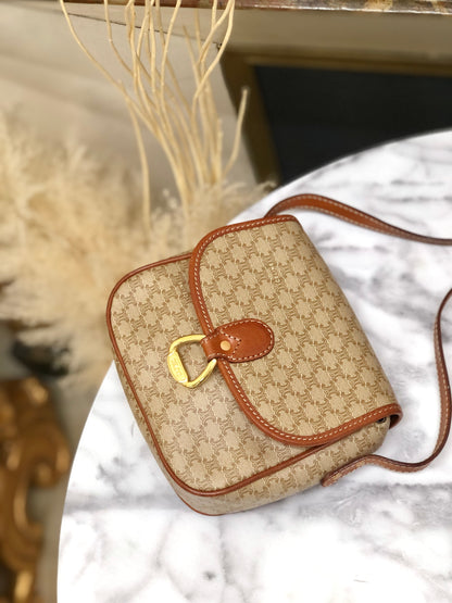 CELINE Macadam Horse bit Small Shoulder Bag Beige Vintage Old Celine t46eb4