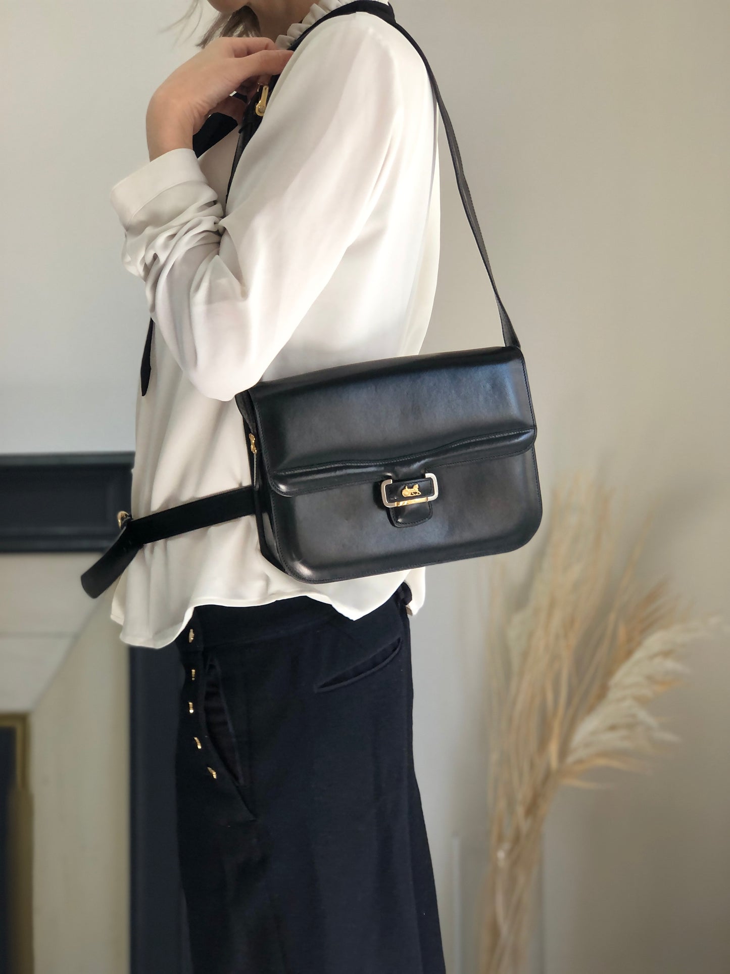 CELINE Triomphe Horse Carriage Shoulder bag Black Vintage pw788h