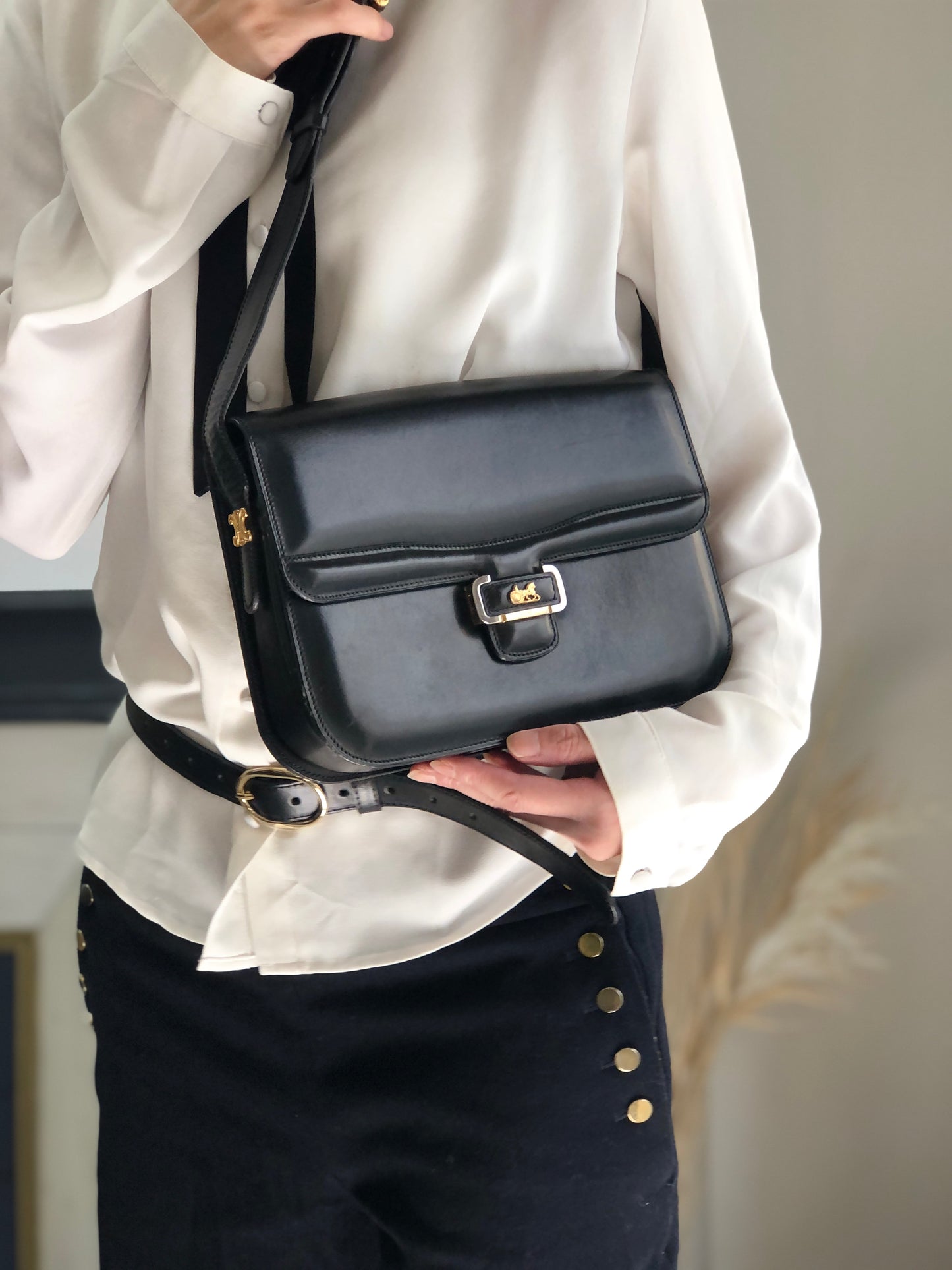 CELINE Triomphe Horse Carriage Shoulder bag Black Vintage pw788h