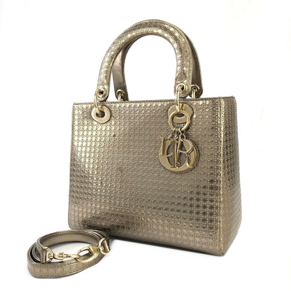 Christian Dior Lady dior 中 Micro Cannage 皮革手提包單肩包 青銅色 dhuimx