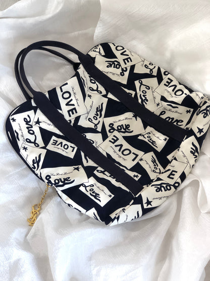 Yves Saint Laurent YSL Charm Logo Whole Pattern Nylon Totebag Navy Vintage Old kst34p