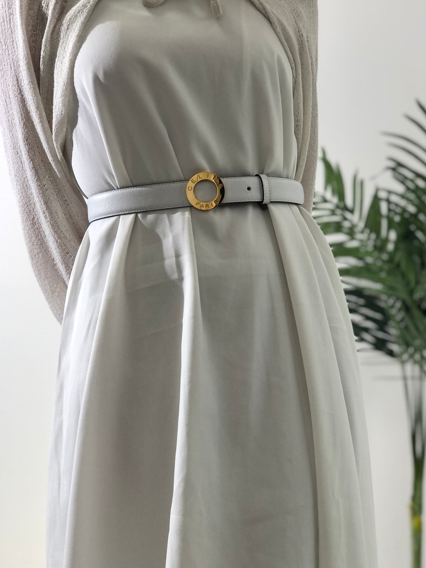 CELINE Circle Logo Leather Belt White Vintage 5absrf