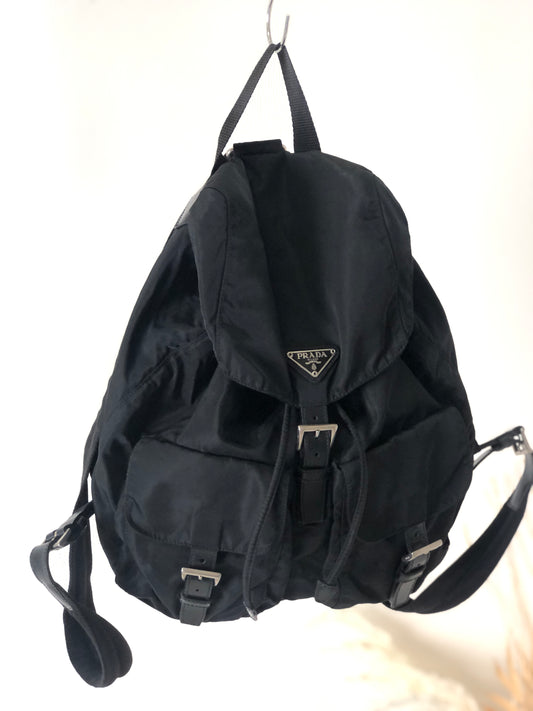 PRADA Triangle Logo Front Buckle Double Pocket Nylon Backpack Black Vintage gpcbdn