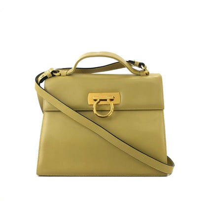 Salvatore Ferragamo Gancini Leather 2way Shoulderbag Handbag Beige Vintage Old yellow ei4hpe