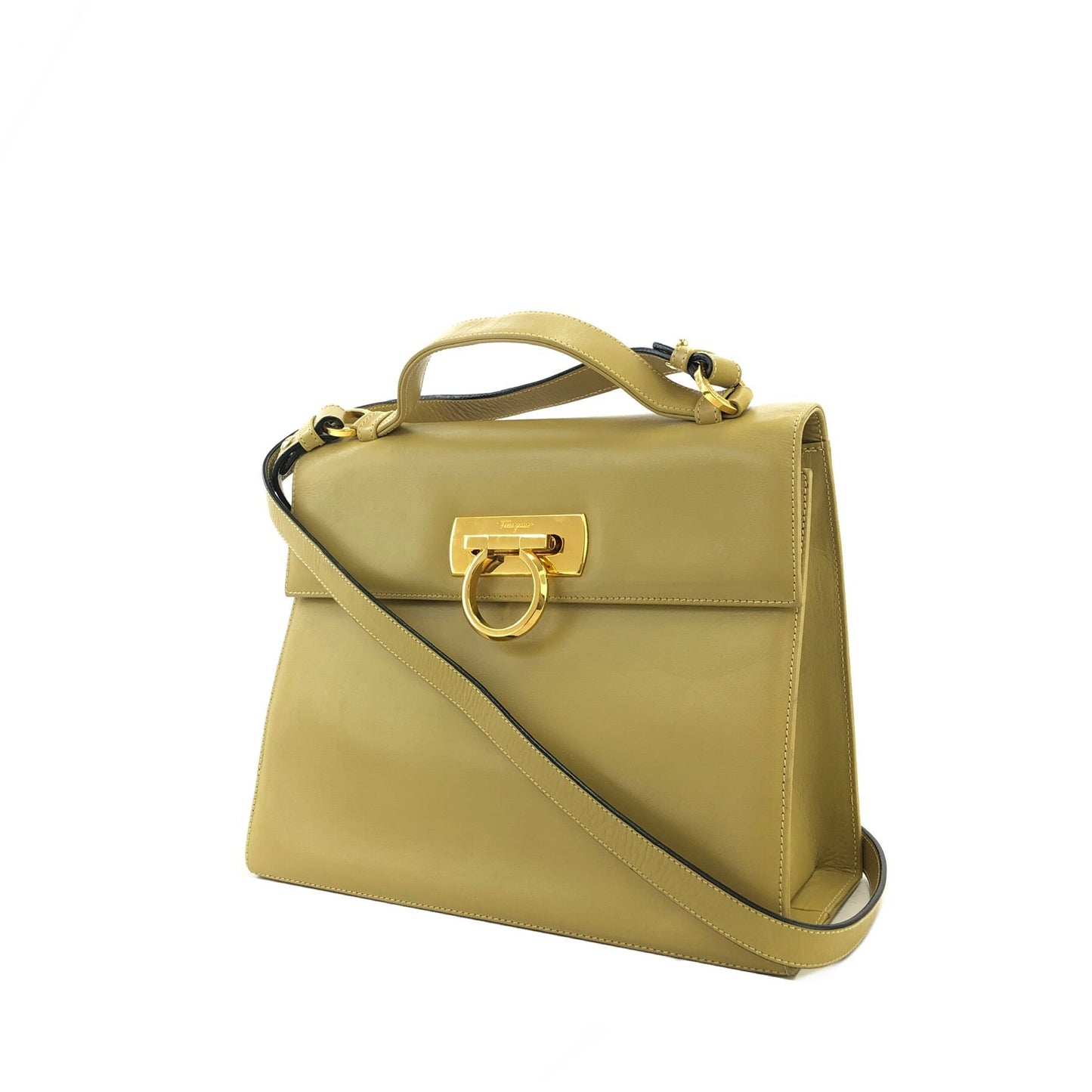 Salvatore Ferragamo Gancini Leather 2way Shoulderbag Handbag Beige Vintage Old yellow ei4hpe
