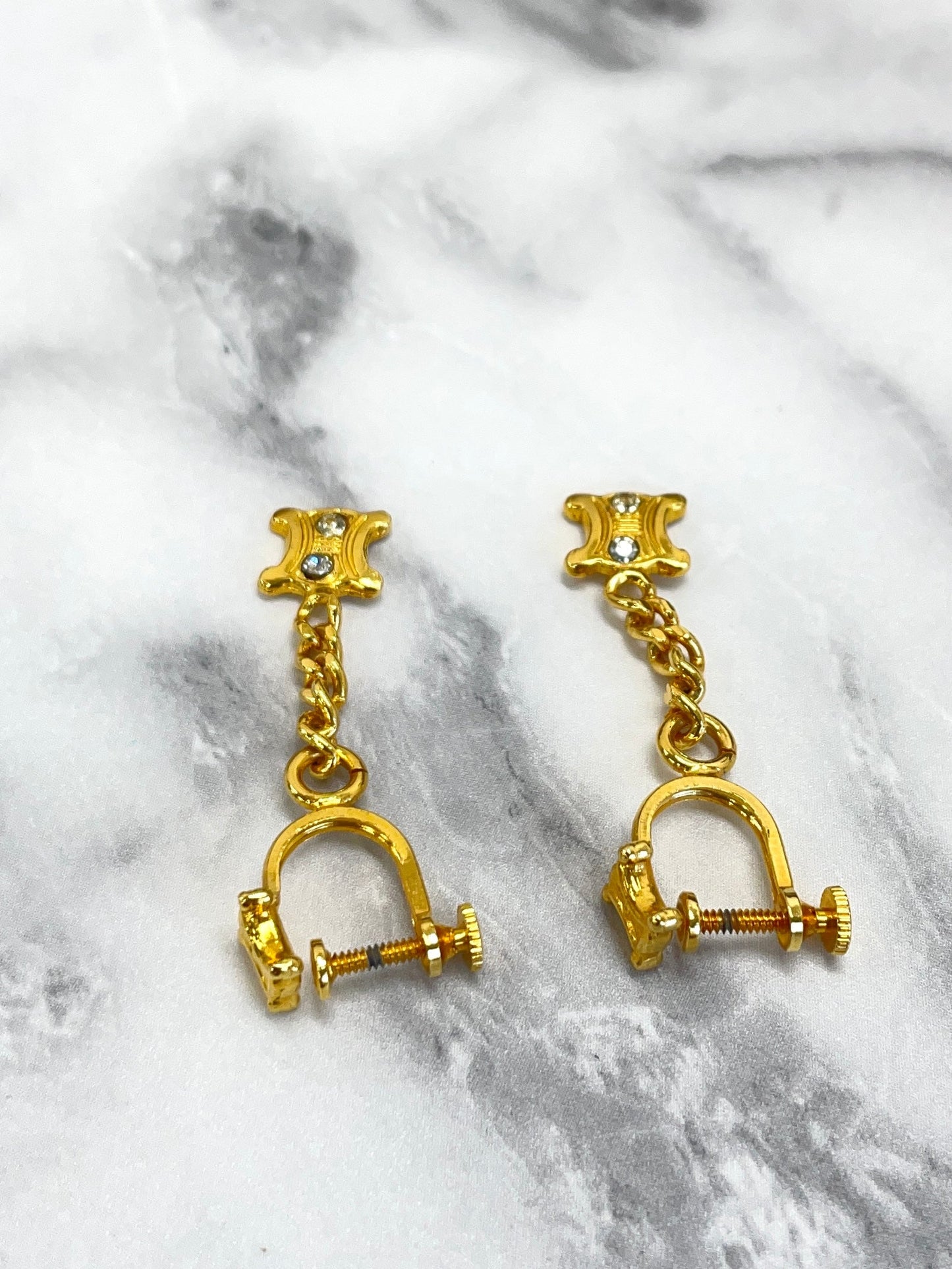 CELINE Triomphe Stone Earrings Gold Vintage Old Celine u7uzf2