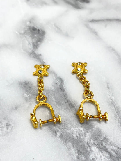 CELINE Triomphe Stone Earrings Gold Vintage Old Celine u7uzf2