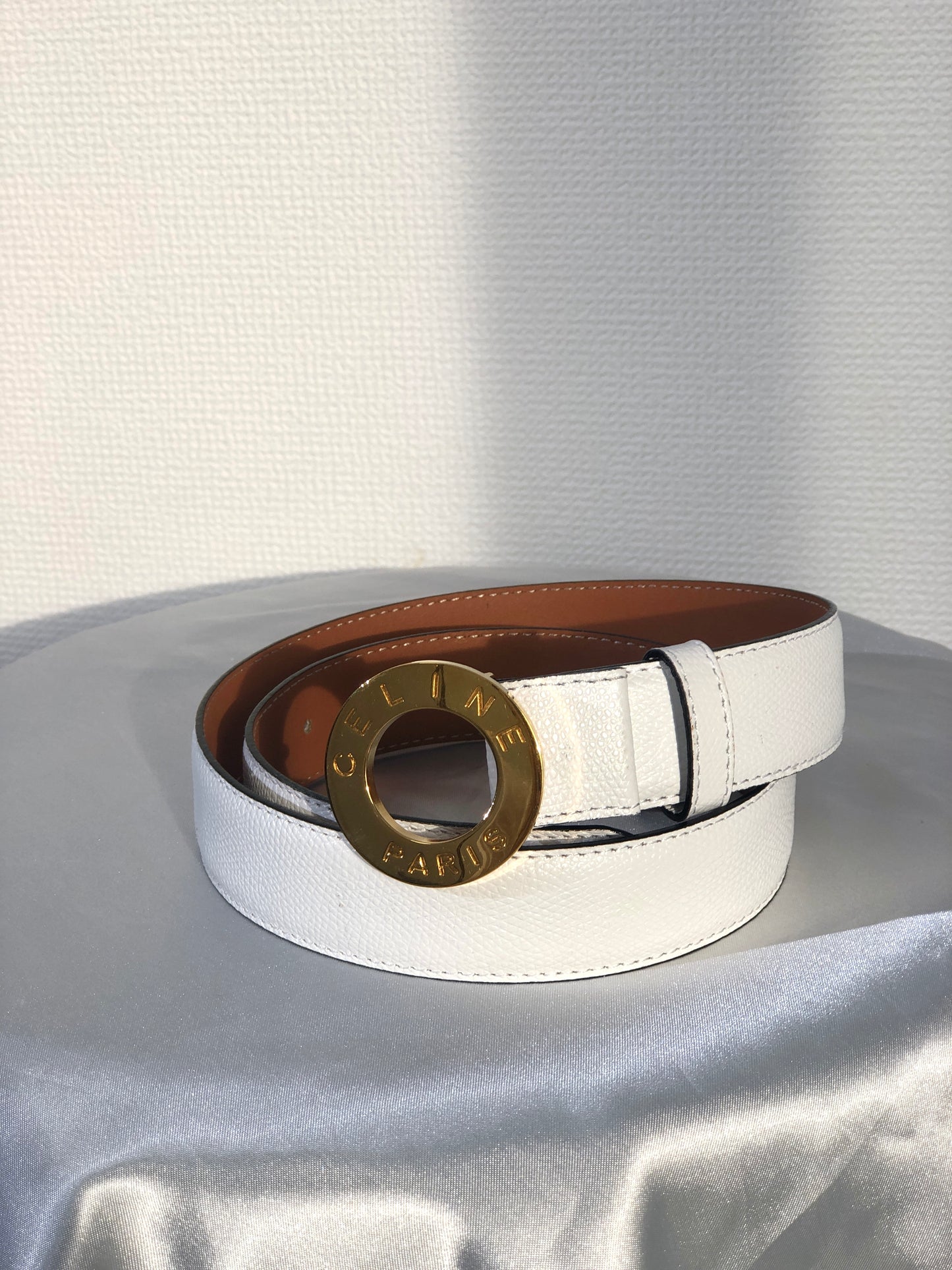 CELINE Circle Logo Leather Belt White Vintage 5absrf