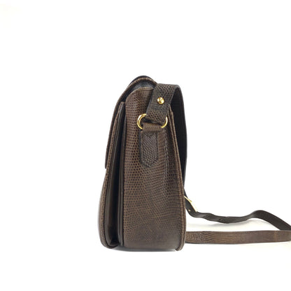 Yves Saint Laurent YSL logo Lizard embossed Round Shoulder bag Brown Vintage Old hw56ct